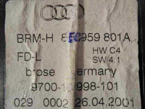 Foto 3ª: Elevalunas Eléctrico Trasero Izquierdo Audi A4 2.5 V6 24V TDI BERLINA 180CV 132KW [AKE] (2001)