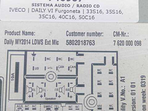 Foto 3ª: Sistema Audio Radio CD Iveco Daily 33S16 35S16 35C16 40C16 50C16 156CV 115KW FURGONETA [F1AGL411A,F1AGL411B,F1AGL411G,F1AGL411N,F1AGL411U] (2019)