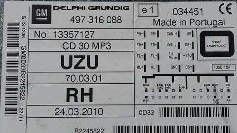 Foto 2ª: Sistema Audio Radio CD Opel Corsa CMON 95CV 70KW [A13DTE] (2011)