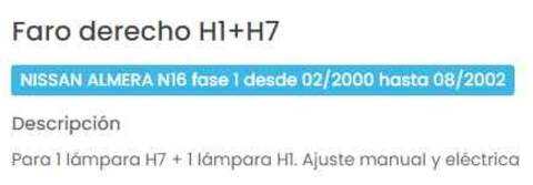 Foto 2ª: Faro Derecho Nissan Almera 90CV 66KW